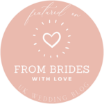 A supplier badge with a beige circle and white writing that reads "Featured on From Brides with Love, UK wedding blog". This badge is designed for UK-based wedding suppliers who have been featured on From Brides with Love, a popular wedding blog.