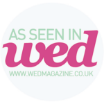 A supplier badge with green and pink writing that reads "As seen in WED, www.wedmagazine.co.uk". This badge is designed for UK-based wedding suppliers who have been featured in WED, a popular wedding magazine and website