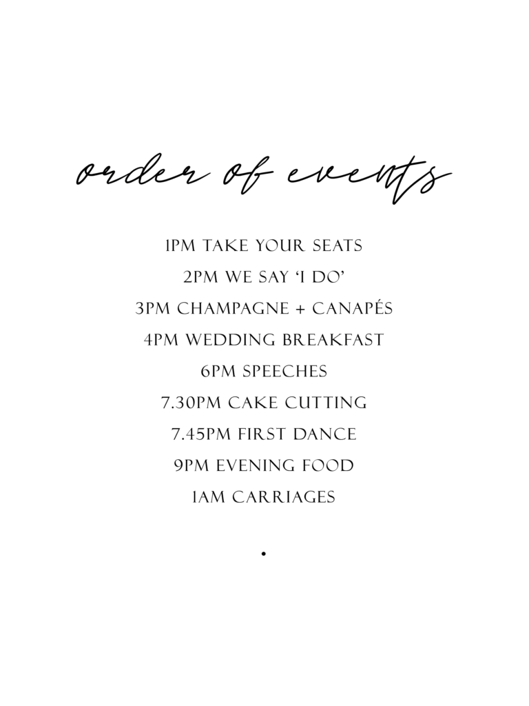 A digital image of a black and white welcome sign and order of the day sign featuring modern calligraphy-style text. The sign reads "Order of Events".