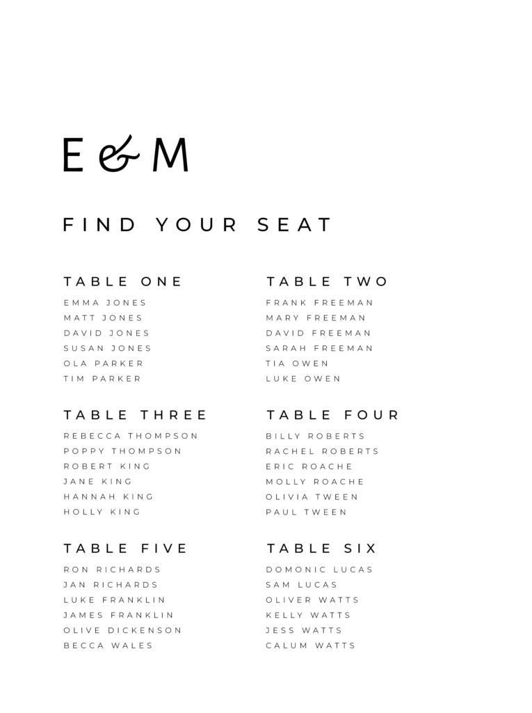 A white wedding table plan sign with modern black text reading "E and M Find Your Seat"