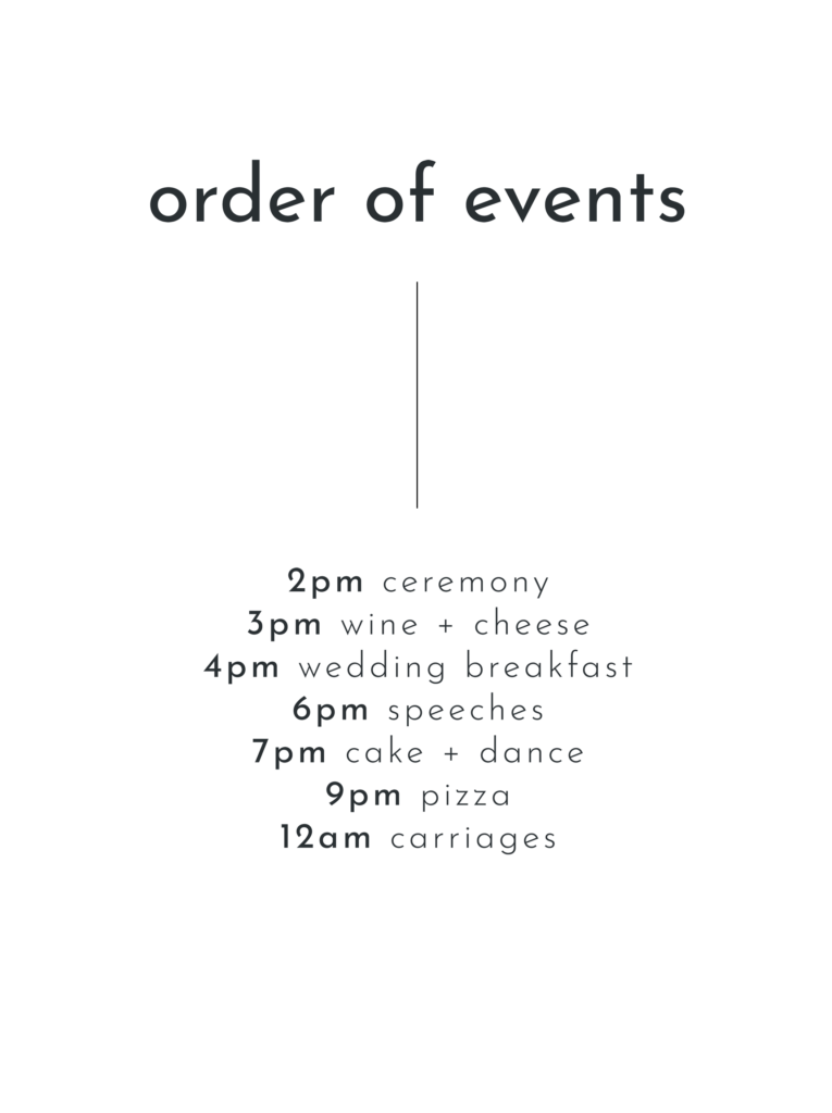 A white wedding Order of the Day sign with modern black text reading "Order of Events"