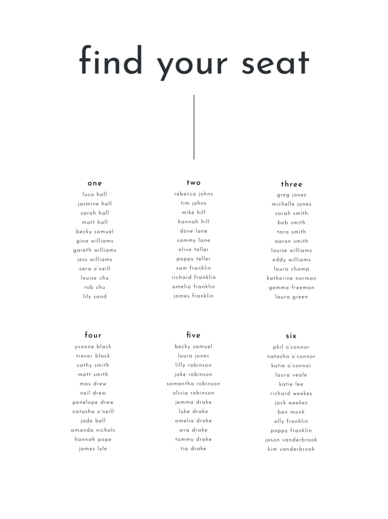 A white wedding table plan sign with modern black text reading "Find Your Seat"