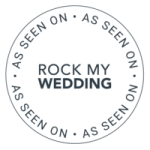 A black and white badge reading 'as seen on rock my wedding'