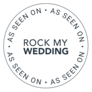 A black and white badge reading 'as seen on rock my wedding'